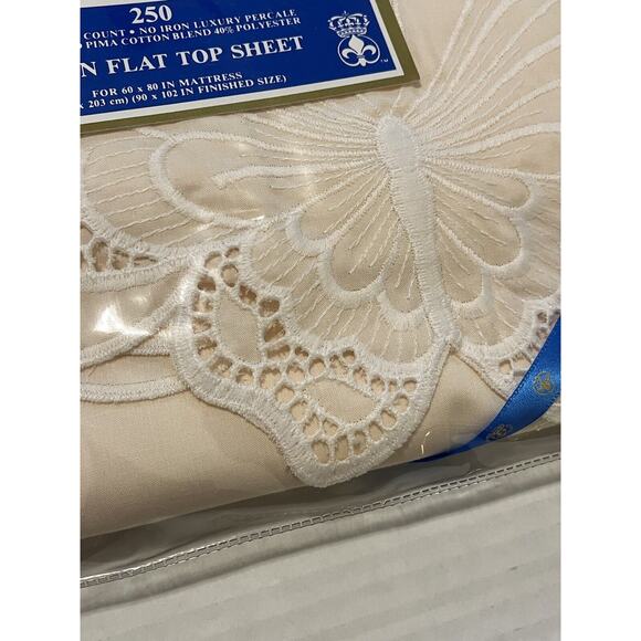 NOS Court Of Versailles Queen Flat Sheet Cream Butterflies Vintage Cannon Royal - Picture 2 of 3